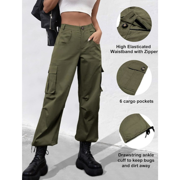 Lolocci Cargo Pants Womens Small High Waist 6 Pocket Drawstring Utility Outdoor - Picture 1 of 11